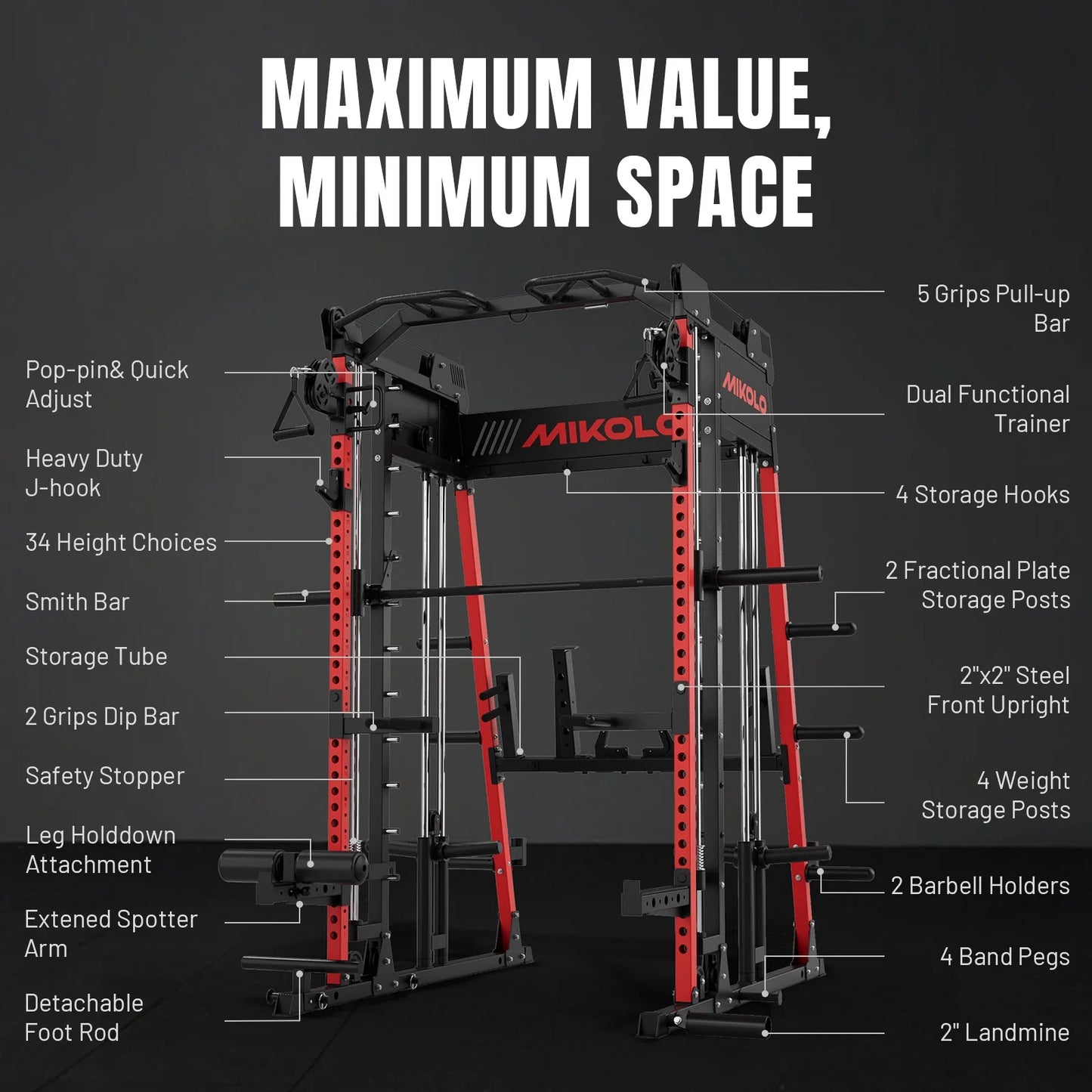 Smith Machine Home Gym, 2200 Lbs Power Rack Cage with 1200 Lbs Weight Bench and Cable Crossover System, Weight Bar, 360° Landmine, Home Gym