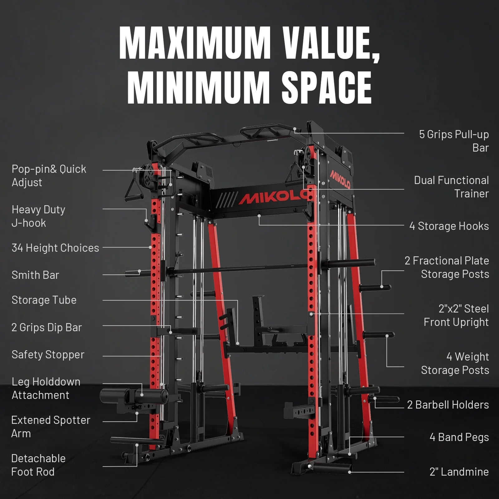 Smith Machine Home Gym, 2200 Lbs Power Rack Cage with 1200 Lbs Weight Bench and Cable Crossover System, Weight Bar, 360° Landmine, Home Gym