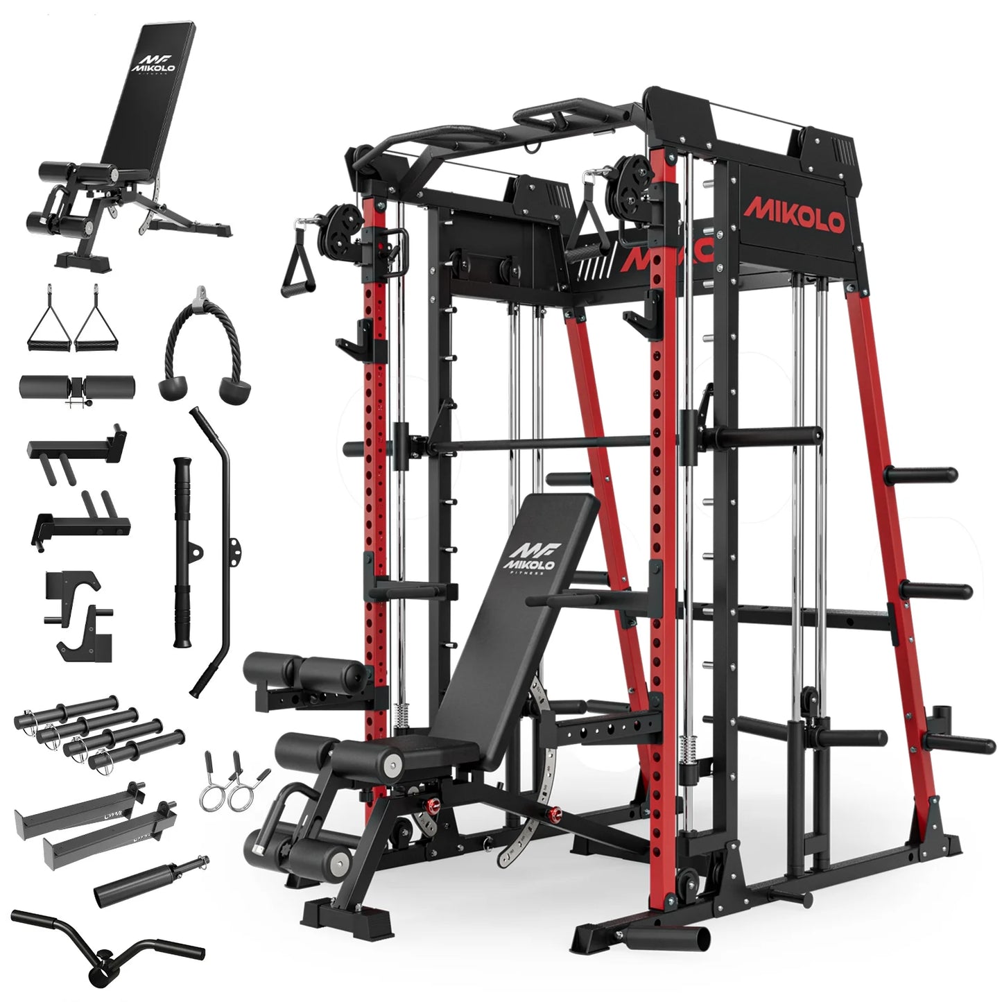 Smith Machine Home Gym, 2200 Lbs Power Rack Cage with 1200 Lbs Weight Bench and Cable Crossover System, Weight Bar, 360° Landmine, Home Gym