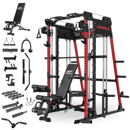 Smith Machine Home Gym, 2200 Lbs Power Rack Cage with 1200 Lbs Weight Bench and Cable Crossover System, Weight Bar, 360° Landmine, Home Gym