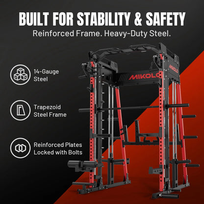 Smith Machine Home Gym, 2200 Lbs Power Rack Cage with 1200 Lbs Weight Bench and Cable Crossover System, Weight Bar, 360° Landmine, Home Gym
