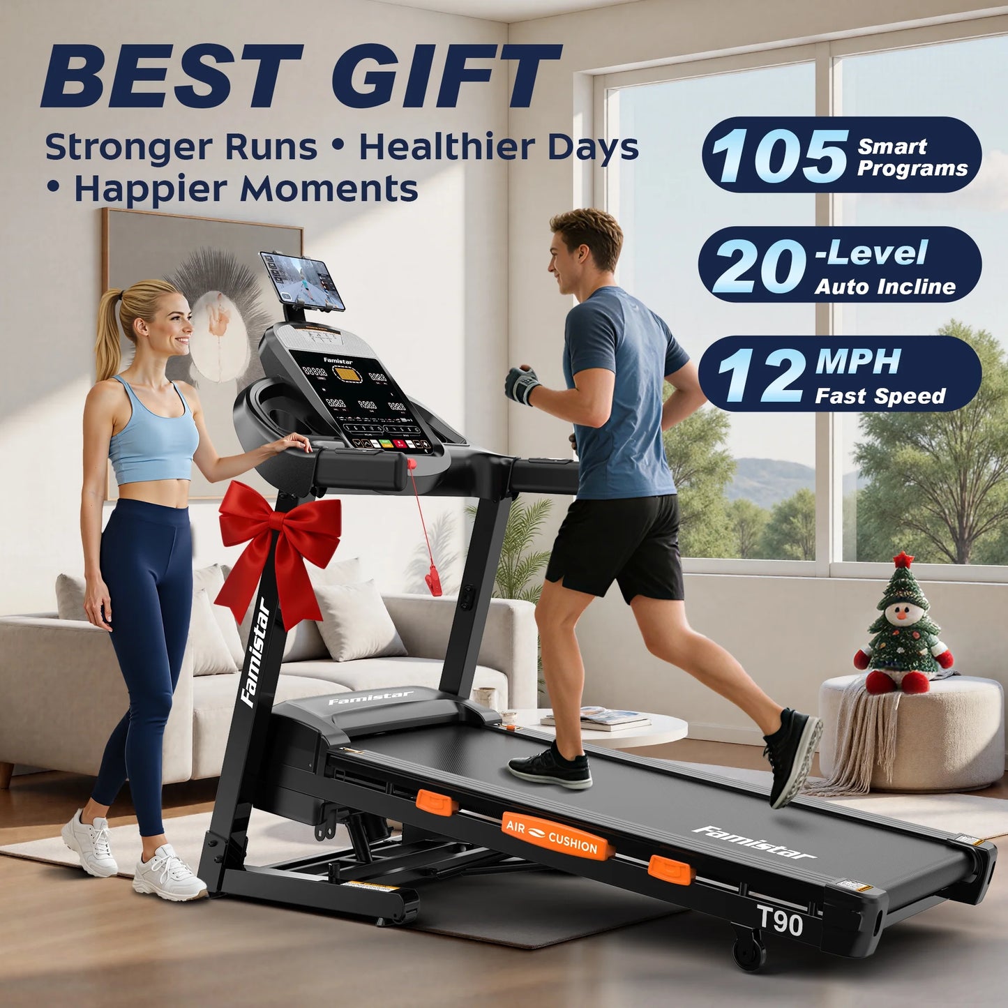 5.0 HP Folding Treadmill with 20-Level Adjustable Incline, 12Mph Speed Running Machine,Treadmill 400 Lb Capacity, Silent Brushless Motor,105 Preset Training Program Electric Treadmills for Home Use
