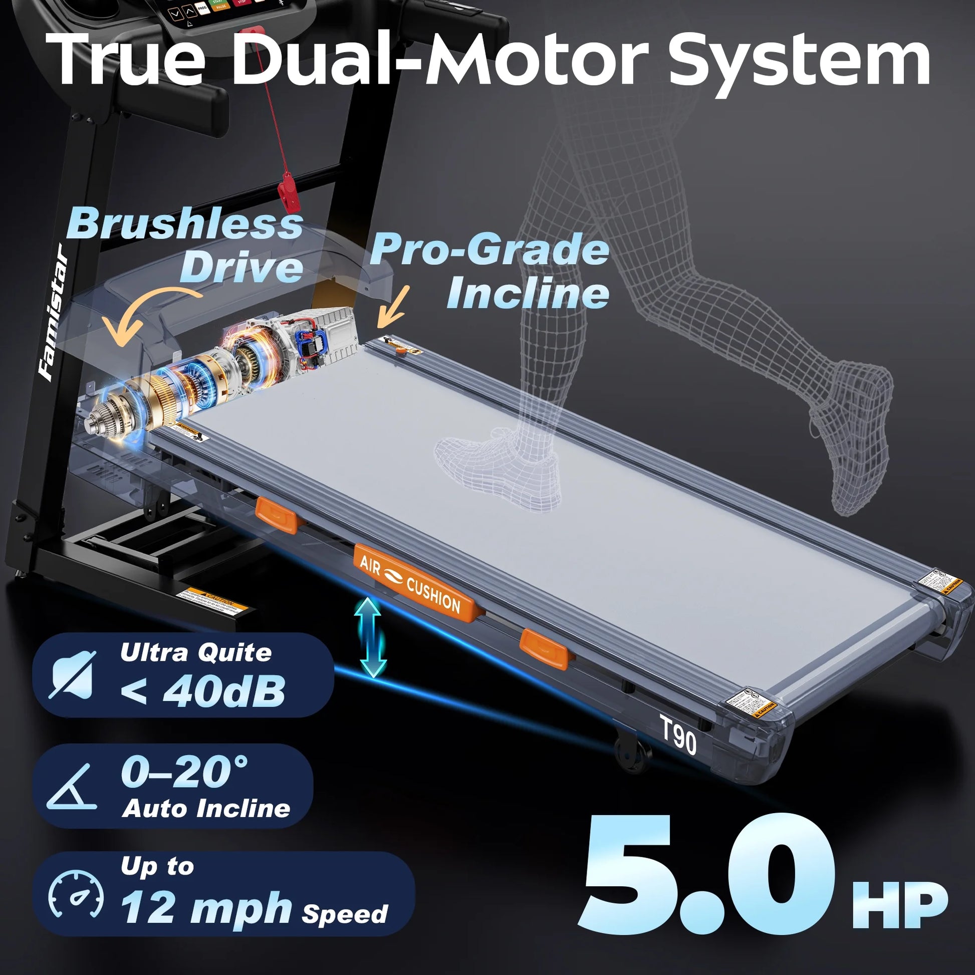 5.0 HP Folding Treadmill with 20-Level Adjustable Incline, 12Mph Speed Running Machine,Treadmill 400 Lb Capacity, Silent Brushless Motor,105 Preset Training Program Electric Treadmills for Home Use