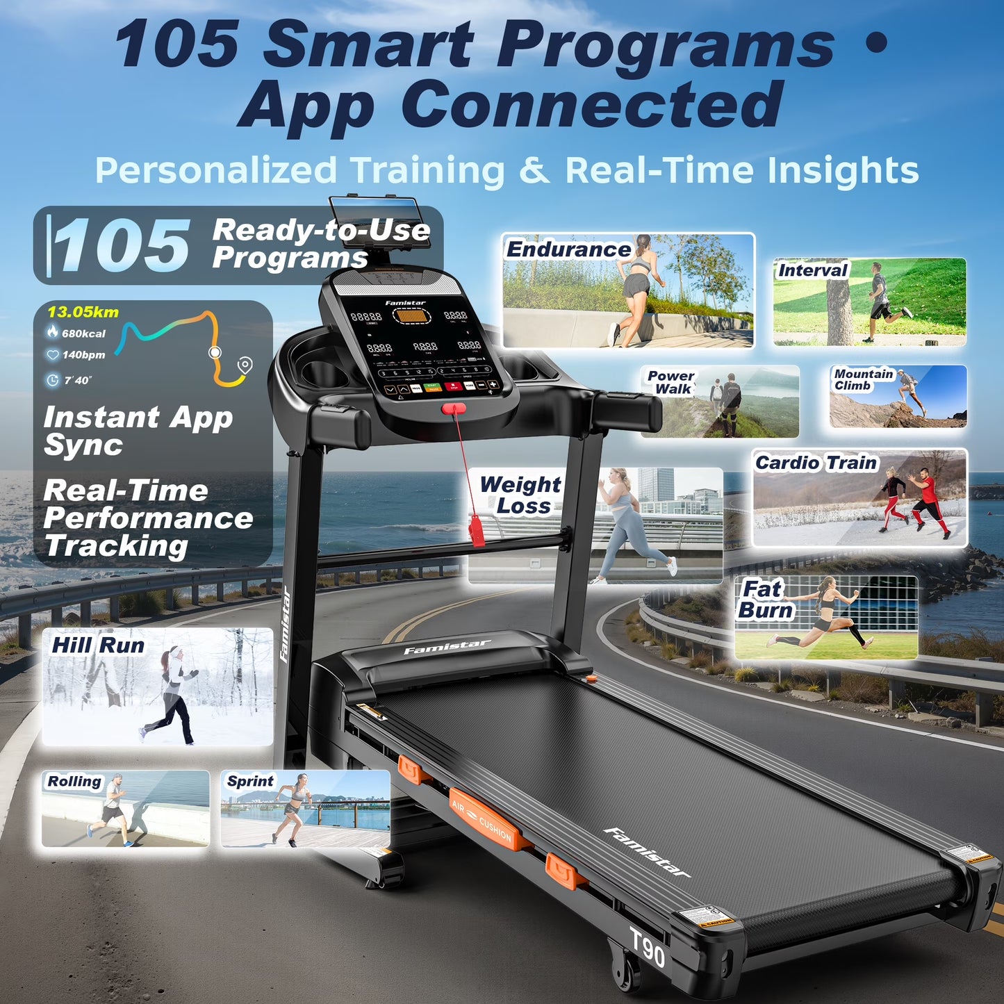 5.0 HP Folding Treadmill with 20-Level Adjustable Incline, 12Mph Speed Running Machine,Treadmill 400 Lb Capacity, Silent Brushless Motor,105 Preset Training Program Electric Treadmills for Home Use