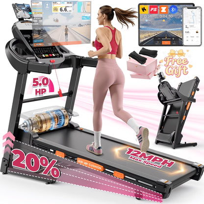 5.0 HP Folding Treadmill with 20-Level Adjustable Incline, 12Mph Speed Running Machine,Treadmill 400 Lb Capacity, Silent Brushless Motor,105 Preset Training Program Electric Treadmills for Home Use