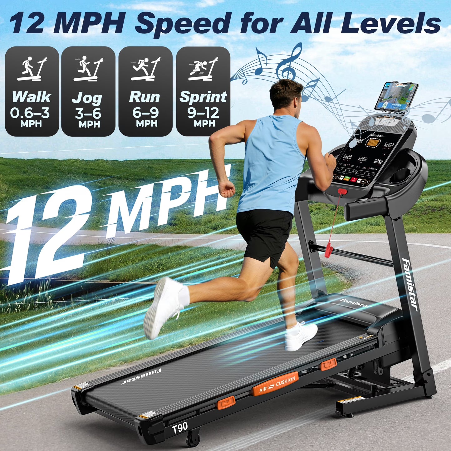 5.0 HP Folding Treadmill with 20-Level Adjustable Incline, 12Mph Speed Running Machine,Treadmill 400 Lb Capacity, Silent Brushless Motor,105 Preset Training Program Electric Treadmills for Home Use