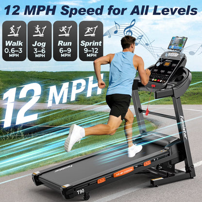 5.0 HP Folding Treadmill with 20-Level Adjustable Incline, 12Mph Speed Running Machine,Treadmill 400 Lb Capacity, Silent Brushless Motor,105 Preset Training Program Electric Treadmills for Home Use