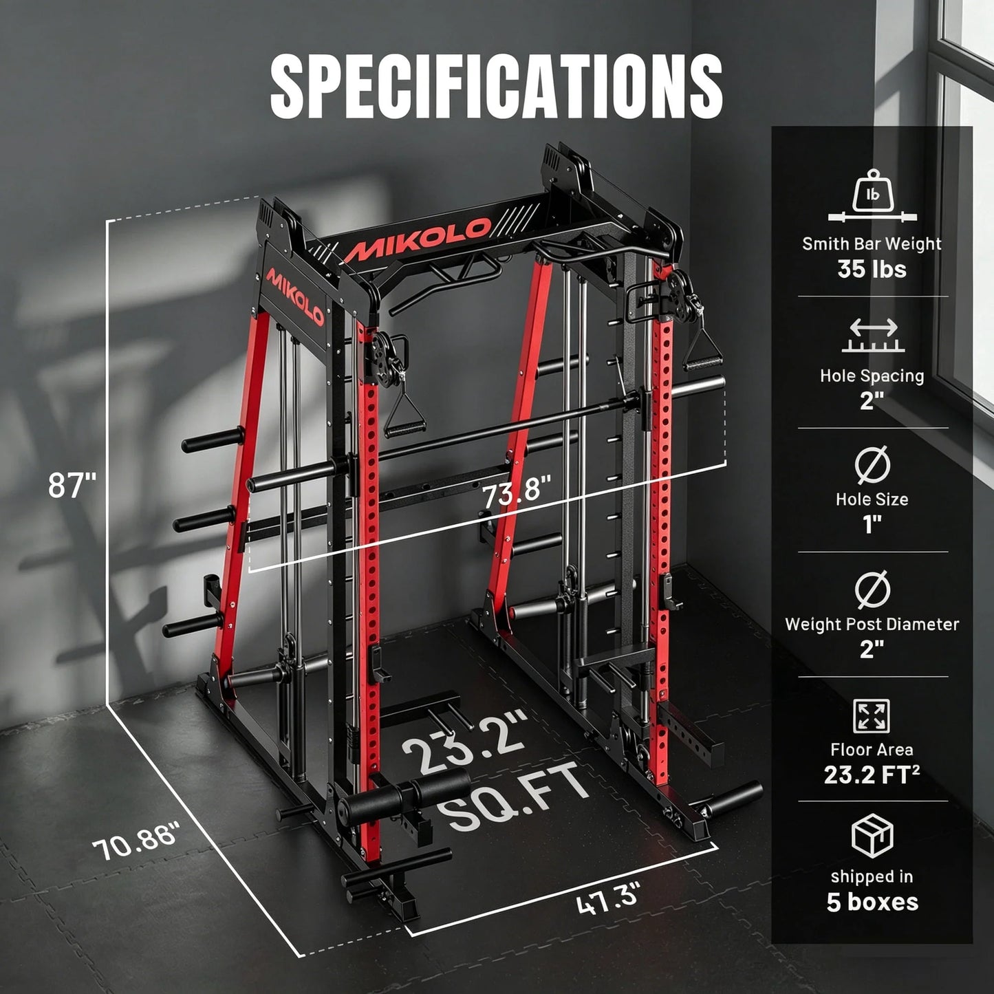 Smith Machine Home Gym, 2200 Lbs Power Rack Cage with 1200 Lbs Weight Bench and Cable Crossover System, Weight Bar, 360° Landmine, Home Gym