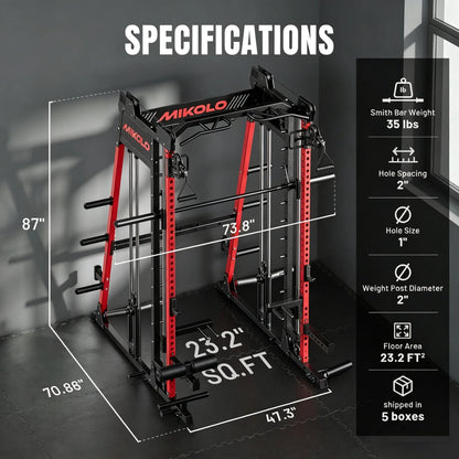 Smith Machine Home Gym, 2200 Lbs Power Rack Cage with 1200 Lbs Weight Bench and Cable Crossover System, Weight Bar, 360° Landmine, Home Gym