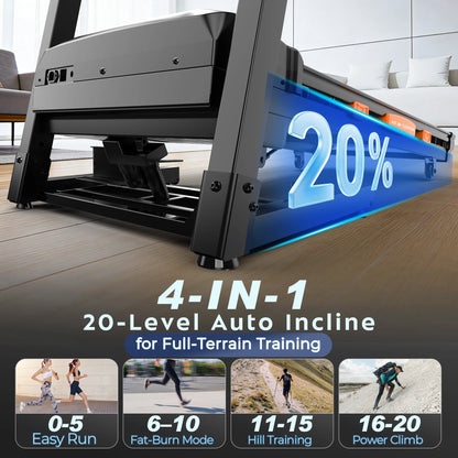 5.0 HP Folding Treadmill with 20-Level Adjustable Incline, 12Mph Speed Running Machine,Treadmill 400 Lb Capacity, Silent Brushless Motor,105 Preset Training Program Electric Treadmills for Home Use