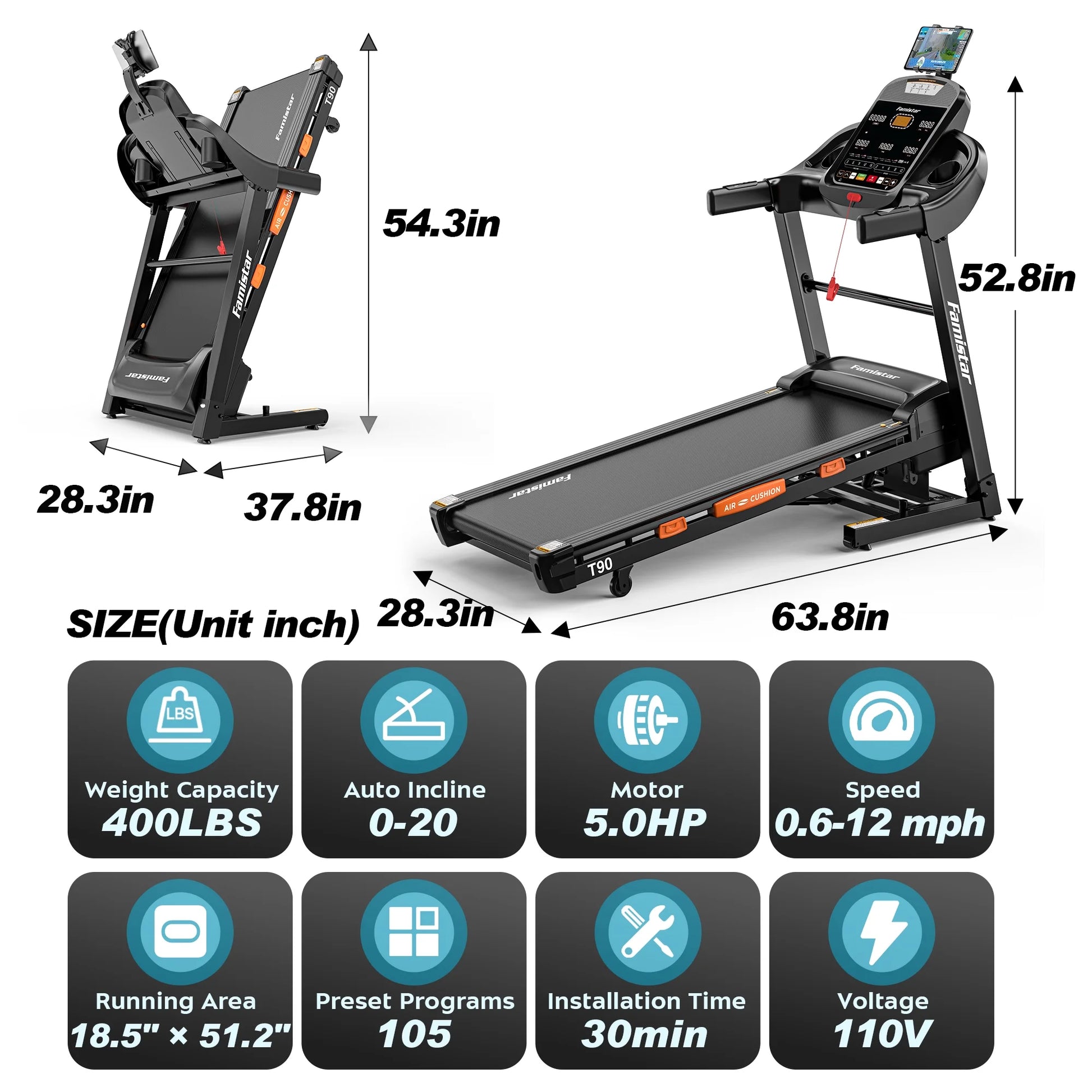 5.0 HP Folding Treadmill with 20-Level Adjustable Incline, 12Mph Speed Running Machine,Treadmill 400 Lb Capacity, Silent Brushless Motor,105 Preset Training Program Electric Treadmills for Home Use